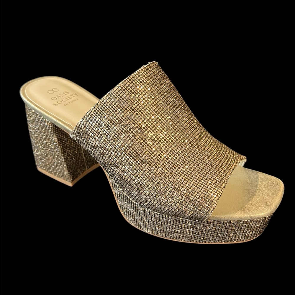 Gold Block Heel Mules with Glitter Finish